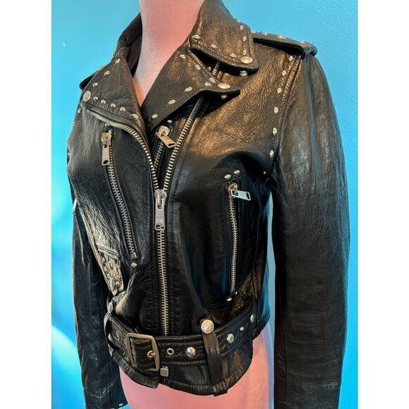 NWOT Made in the USA RE/DONE Black Leather MOTO Jacket Grommets Belt Pockets S - Picture 14 of 16